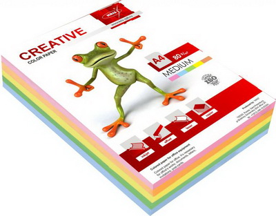 Бумага цветная "Creative", A4, 80гр, 100л, 5цветов, медиум,  KRIS