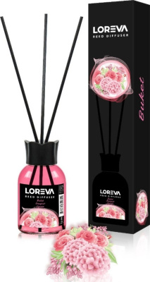 Освежитель-Аромадиффузор 55мл, Loreva с эфирными маслами с палочками, "Букет"