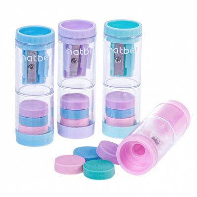 Точилка 1 отверстие, с контенером, форма цилиндр, пластик, цветная крышка "Hatber NewTone 2 in 1"