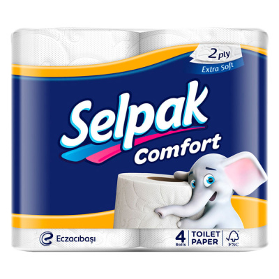 Бумага туалетная 2х-слойная, "Selpak Comfort" со втулкой, без обертки 4 шт в уп