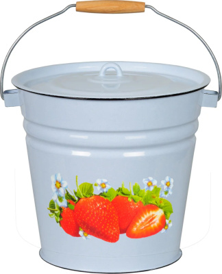 Ведро эмалированное 12л с крышкой Клубника садовая серо-голубое