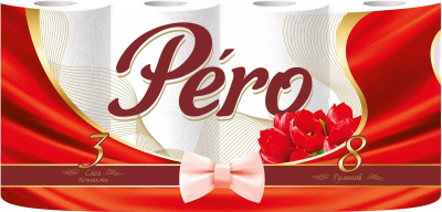 Бумага туалетная 3х-слойная, "Pero Tulip" со втулкой, без обертки 8 шт в уп