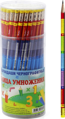 Карандаш простой HB, с ластиком, 2мм, заточенный, круглый корпус, таблица умножения  "Hatber