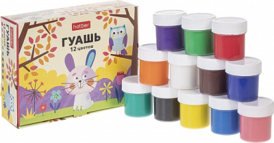 Гуашь 12 цветов, 25 мл.набор, картонная коробка "Зайчик", "Hatber"