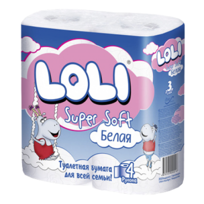 Бумага туалетная 3х-слойная, "Loli Super Soft" со втулкой, без обертки 4 шт в уп