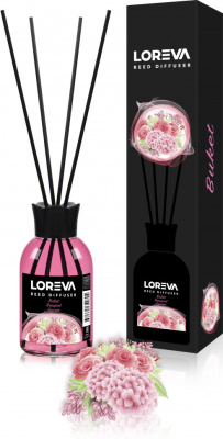 Освежитель-Аромадиффузор 110мл, Loreva с эфирными маслами с палочками, "Букет"