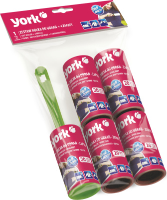 Ролик-щетка липкий для чистки одежды + 4 запаски в комплекте, 20+20+20+20 л, York