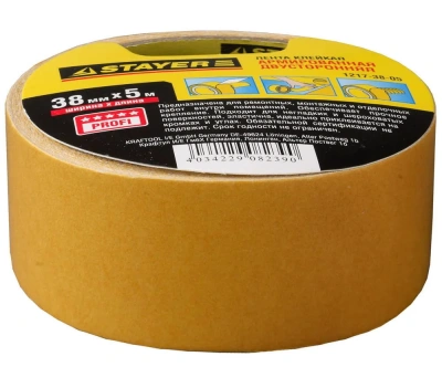Лента клейкая 38ммх5м, двусторонняя на тканевой основе, армированный Stayer