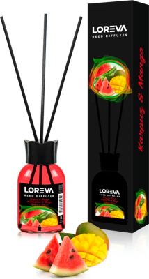 Освежитель-Аромадиффузор 55мл, Loreva с эфирными маслами с палочками, "Арбуз-манго"