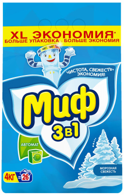 Порошок, Миф 4 кг, для стирки, автомат 3 в 1 Морозная свежесть
