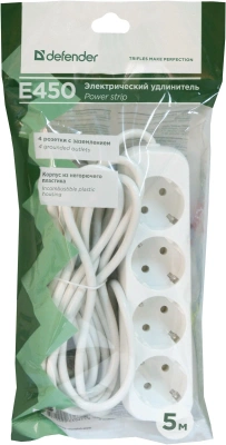 KALAM.KZ - Сетевой фильтр 4 гнезда, 5 м, Defender E450, без выкл. с заземл. белый