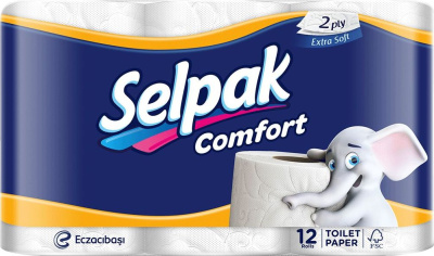 Бумага туалетная 2х-слойная, "Selpak Comfort" со втулкой, без обертки 12 шт в уп