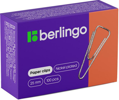 Скрепки 25мм, 100шт, треугольные, никелированные Berlingo