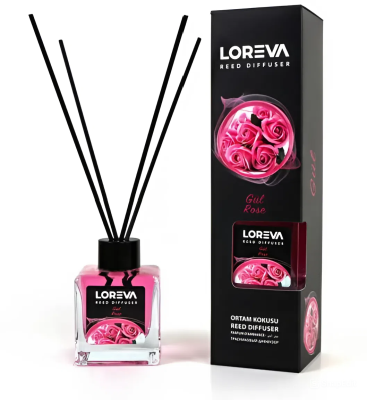 Освежитель-Аромадиффузор 110мл, Loreva с эфирными маслами с палочками, "Роза"