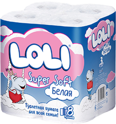 Бумага туалетная 3х-слойная, "Loli Super Soft" со втулкой, 8 шт в уп