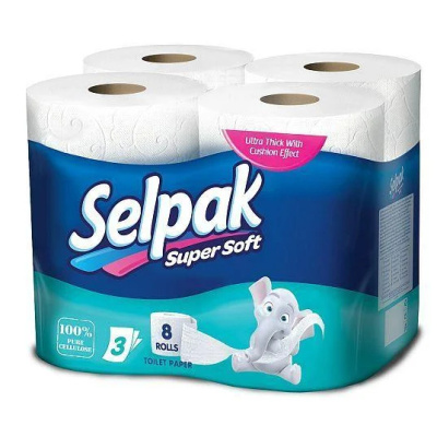 Бумага туалетная 3х-слойная, "Selpak Pudra" со втулкой, без обертки 8 шт в уп