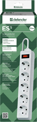 Сетевой фильтр 5 гнезд, 5 м, Defender ES 5.0, белый