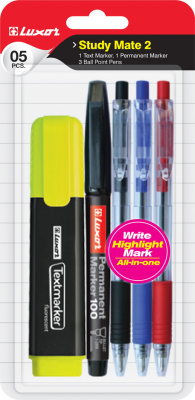 Набор канцелярский Study Mate, 5 пр.(маркер текст, маркер перманент, ручка шар.кр, син и чер) Luxor