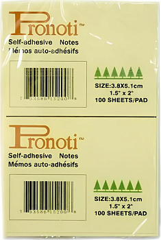 Бумага для заметок самоклеющаяся 38х51мм, 2x100л, 200л, желтая Pronoti