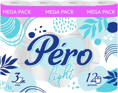 Бумага туалетная 3х-слойная, "Pero Light" со втулкой, без обертки 12 шт в уп