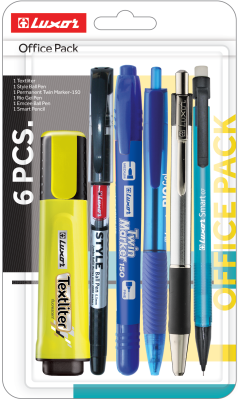 Набор канцелярский Office, 6 пр.(маркер текст,маркер перманент, 2 ручка шар, гелев.,каран мех) Luxor