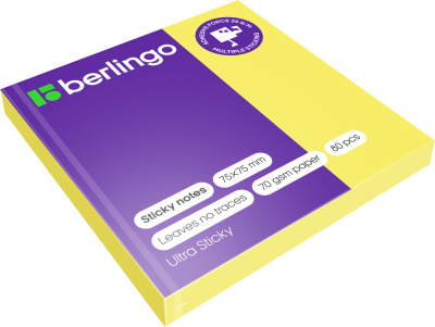 Бумага для заметок самоклеющаяся 75х75мм, 80л, неоновая желтая , Berlingo "Ultra Sticky"