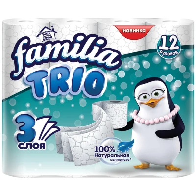 Бумага туалетная 3х-слойная, "Familia Trio" со втулкой, без обертки 12 шт в уп