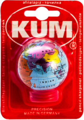 Точилка 1 отверстие, с контейнером, форма круглая, "глобус" на блистере KUM