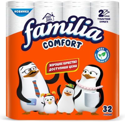 Бумага туалетная 2х-слойная, "Familia Comfort" со втулкой, без обертки 32 шт в уп
