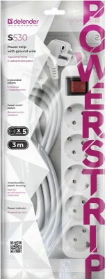 KALAM.KZ - Сетевой фильтр 5 гнезд, 3 м, Defender S530 с выкл. и заземл. белый