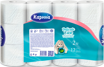 Бумага туалетная 2х-слойная, "Delicate Care Зайчик" со втулкой, 12 шт в уп, Карина