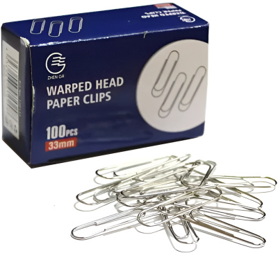 Скрепки 33мм, 100шт, круглые, никелированные, с загибом Zhenda