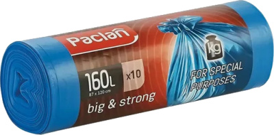 Пакет для мусора на 160л, 10шт, голубой, 87*120см, 26мкм, Paclan Big&Strong, 