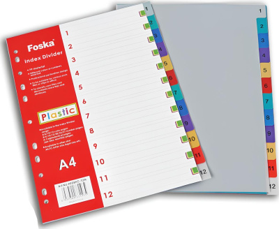 Разделитель 1-12, А4, 12л, пластик, цветной Foska