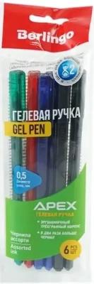 Набор гелевых ручек 0,5мм., 6шт, ассорти, Berlingo "Apex"