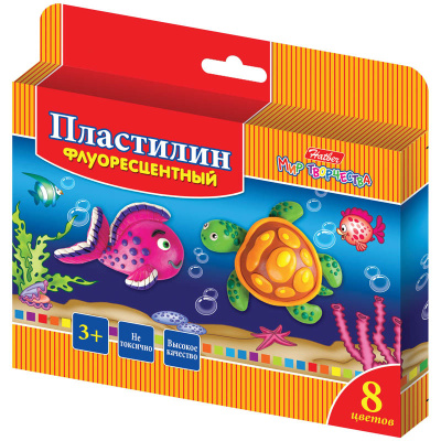 Пластилин 8 цветов, флуорисцентный,  120гр, со стеком, серия "Морская семейка""Hatber",
