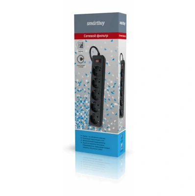 KALAM.KZ - Сетевой фильтр 5 гнезд, 5 м, Smartbuy с заземл.,10А, 2200 Вт, ПВС 3x0,75, черный