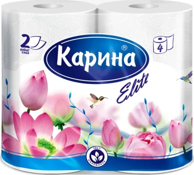 Бумага туалетная 2х-слойная, "Карина Elite" со втулкой, без обертки 4 шт в уп