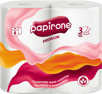 Бумага туалетная 3х-слойная, "Papirone Premium" со втулкой, без обертки 4 шт в уп
