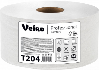 Бумага туалетная 2х-слойная, "170м Veiro Professional Comfort" со втулкой, без обертки 12 шт в уп