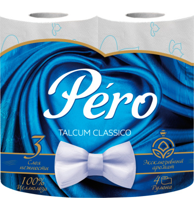 Бумага туалетная 3х-слойная, "Pero Talcum" со втулкой, без обертки 4 шт в уп, с голубым рисунком
