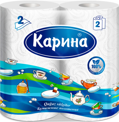 Полотенца бумажные 2х-слойные "Карина" со втулкой, без обертки 2 шт в уп