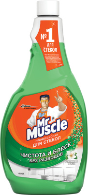 Средство для мытья стекол и поверхностей, 530 мл, сменный флакон "Мистер Мускул"  NEW