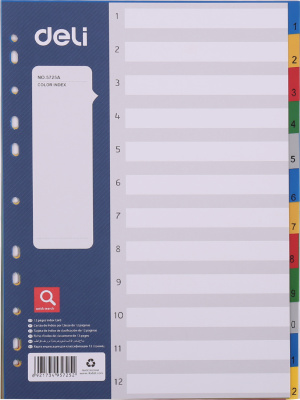 Разделитель 1-12, А4, 12л, пластик, цветной с цыфрами Deli 