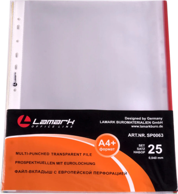 Файл прозрачный A4, 0,060мм., повышенной вместимости, Премиум, с тиснением, в уп.100штук, Lamark