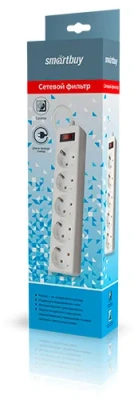 KALAM.KZ - Сетевой фильтр 5 гнезд, 3 м, Smartbuy с заземл., 10А, 22 ПВС 3x0,75, белый