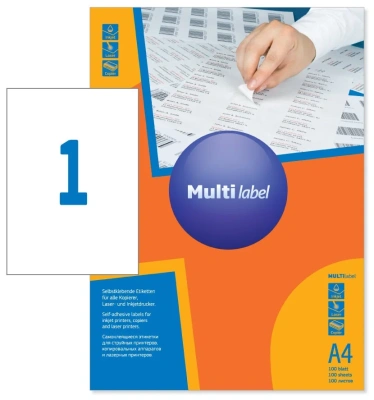 Наклейки на 1, А4, 210x297мм, 100л, белые Multilabel