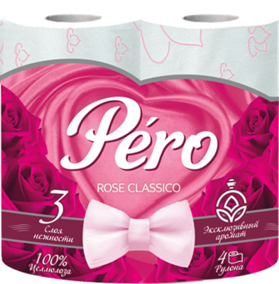 Бумага туалетная 3х-слойная, "Pero Rose" со втулкой, без обертки 4 шт в уп, с розовым рисунком
