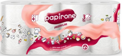 Полотенца бумажные 3х-слойные "Papirone Premium" со втулкой, без обертки 4 шт в уп
